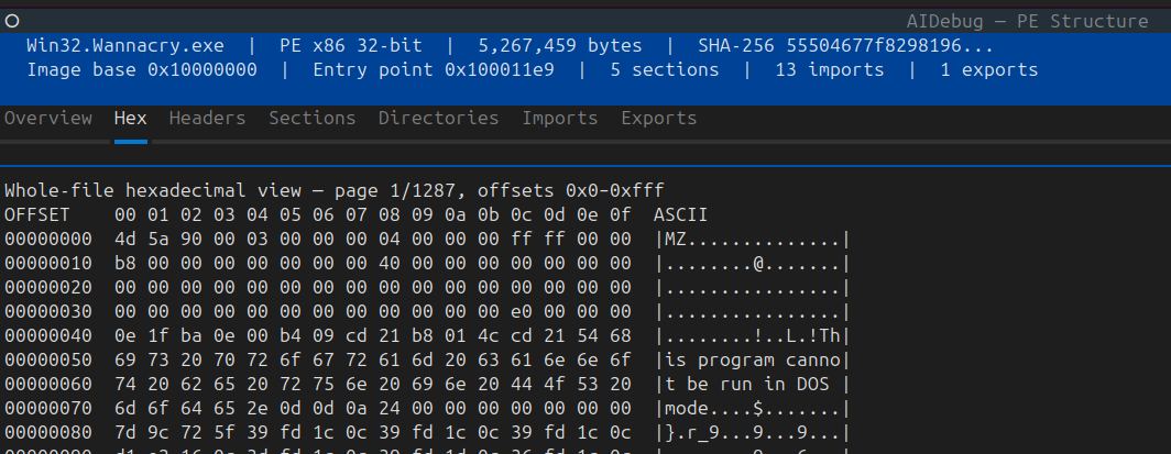 AIDebug hexadecimal view of a PE DOS header