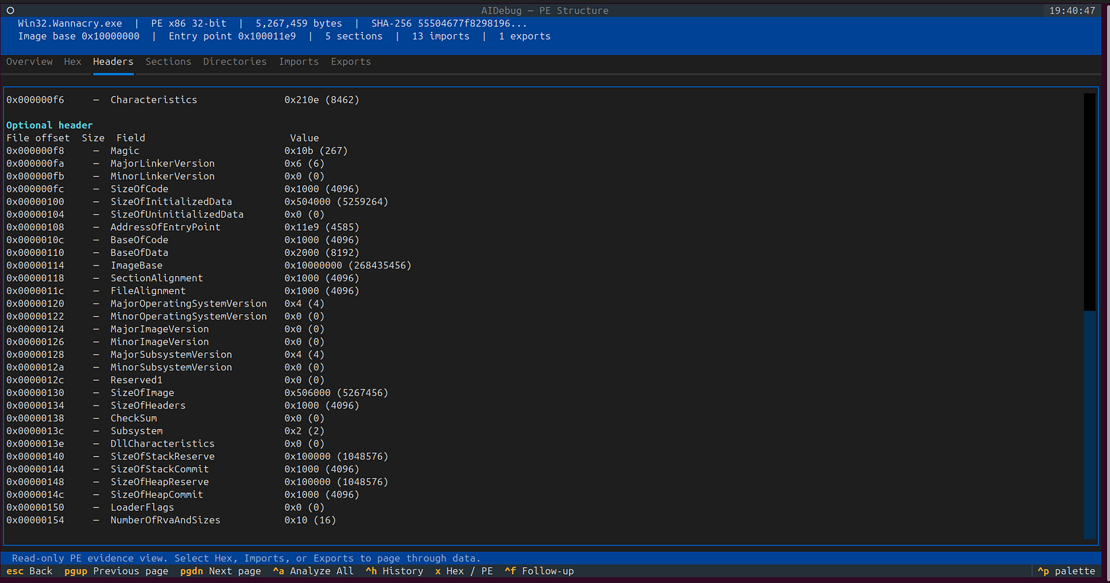 AIDebug PE headers overview