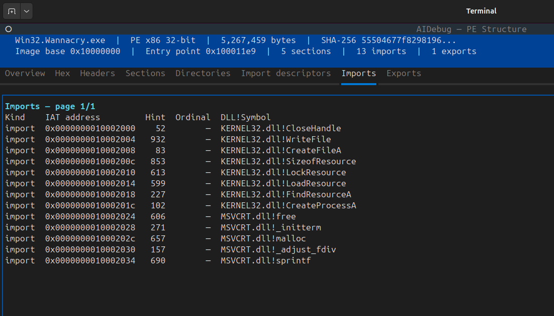 AIDebug resolved imports and IAT addresses
