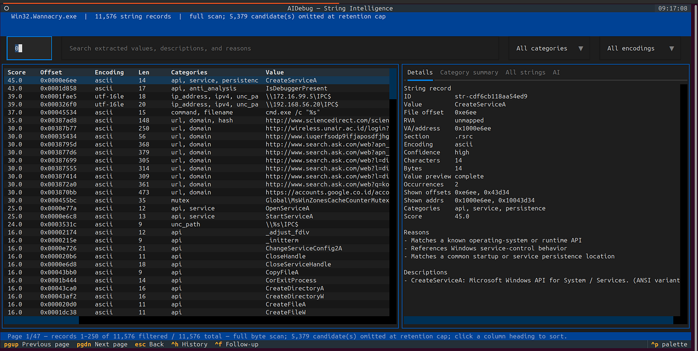 AIDebug String Intelligence workspace for deterministic string extraction, categorization, filtering, and optional AI review
