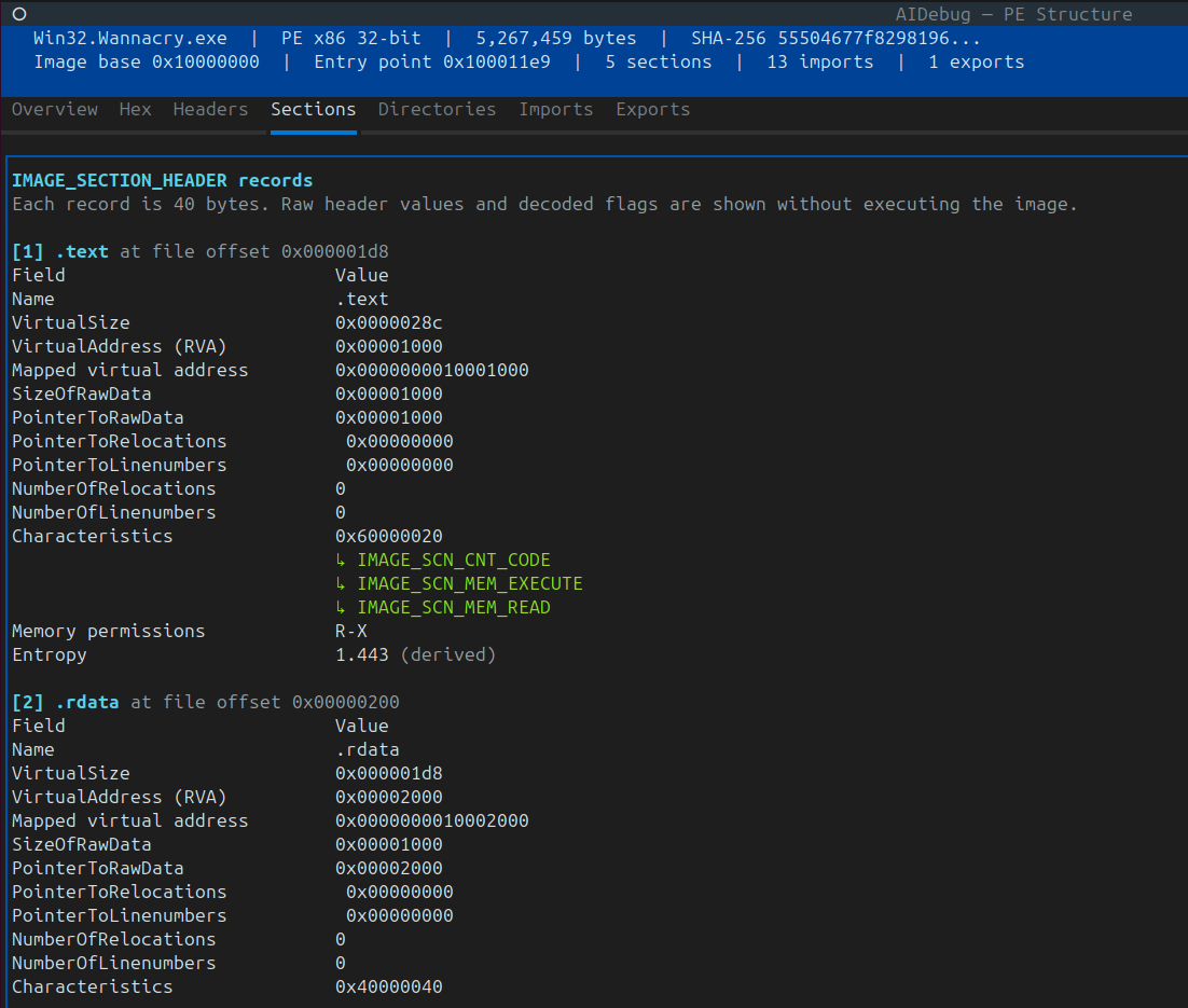AIDebug IMAGE_SECTION_HEADER record view