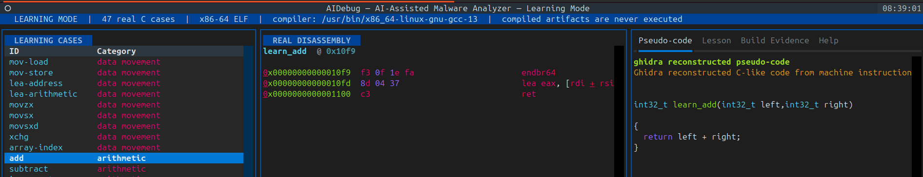 Arithmetic instruction examples and their pseudo-code meanings