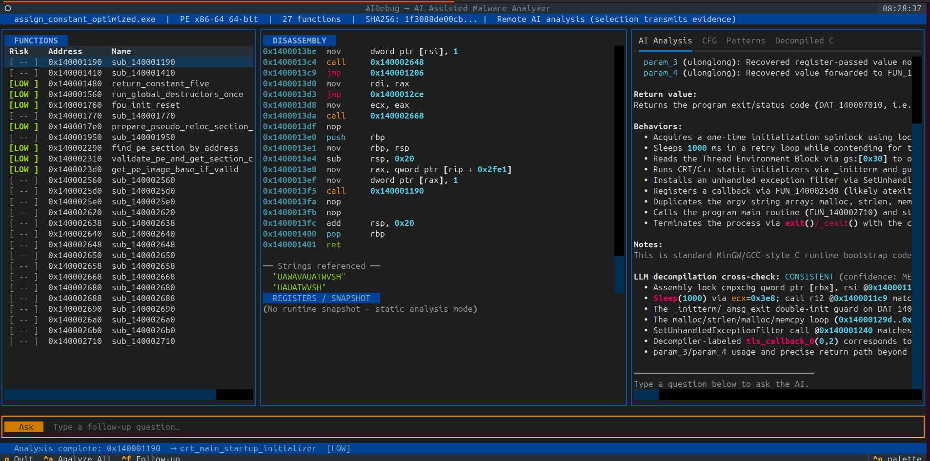 AIDebug binary decompilation workflow for PE and ELF analysis