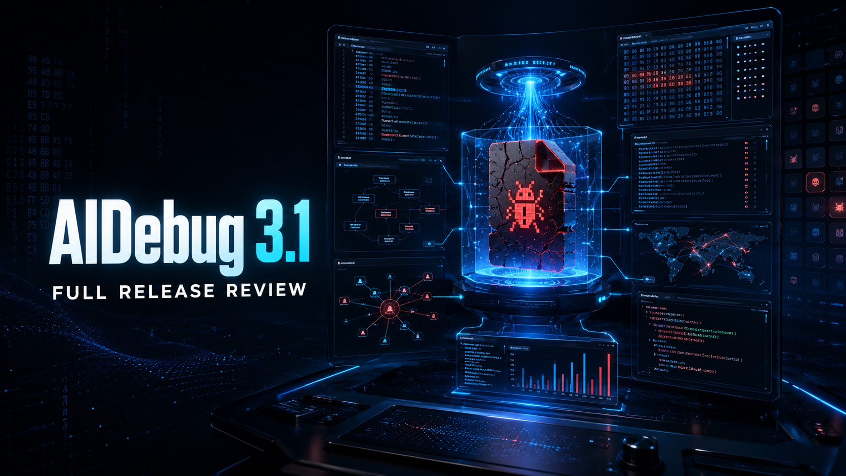 AIDebug 3.1 full release review cover showing an isolated malware artifact surrounded by analysis workspaces