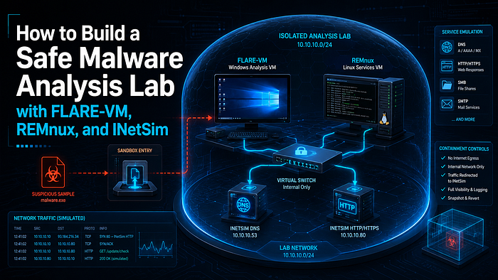 Safe malware analysis lab with FLARE-VM, REMnux, INetSim, snapshots, and an isolated virtual network