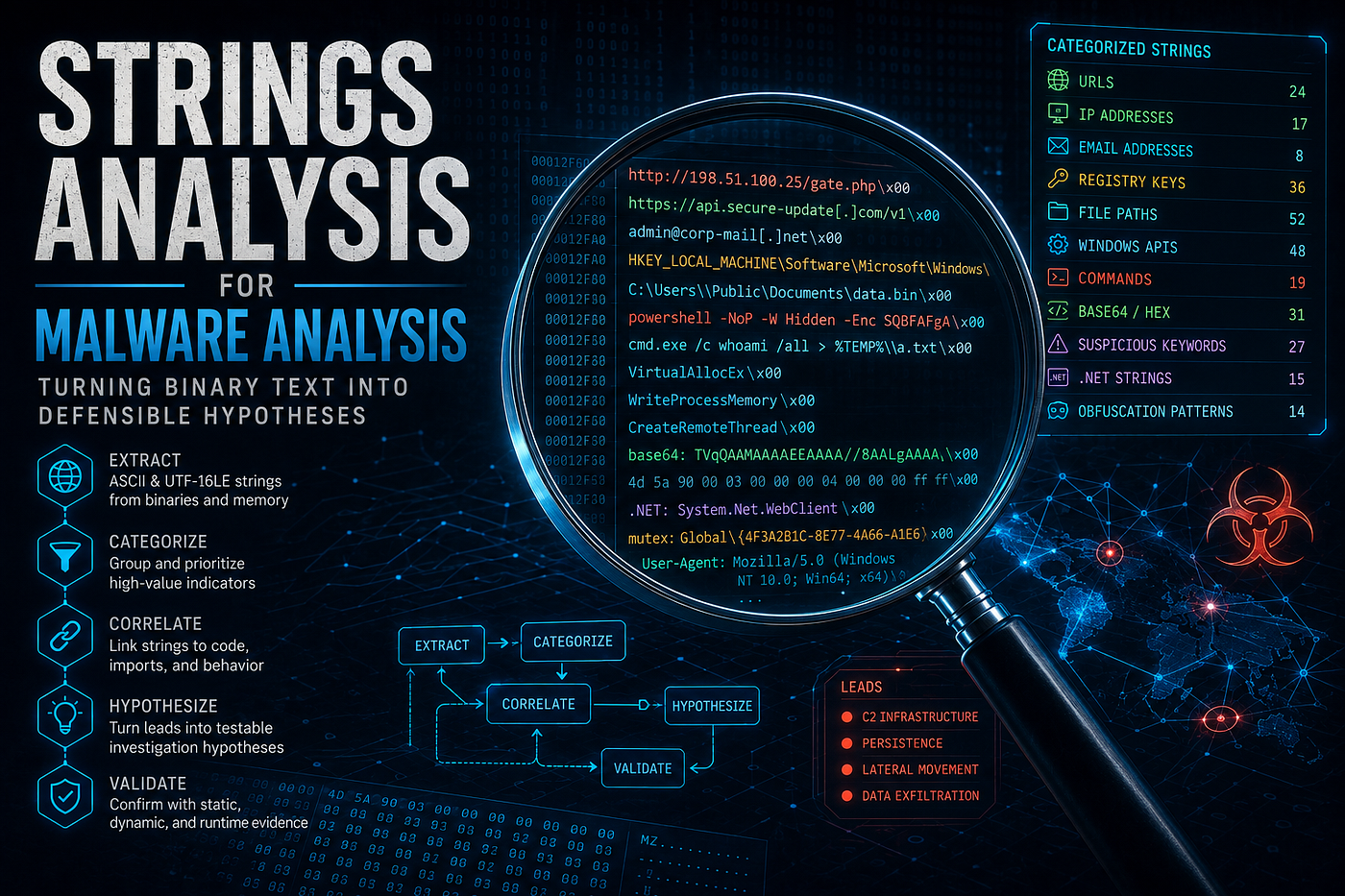 Strings Analysis for Malware Analysis cover showing readable evidence emerging from binary data