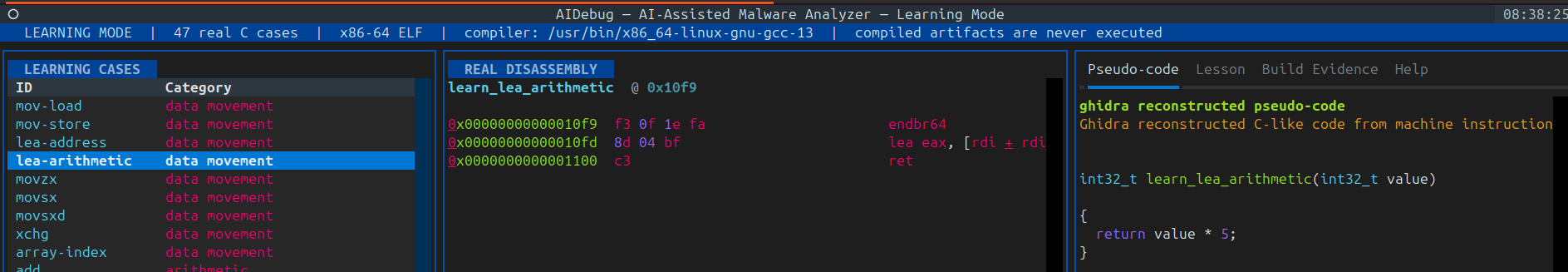 AIDebug integer-extension cases for MOVZX, MOVSX, and MOVSXD