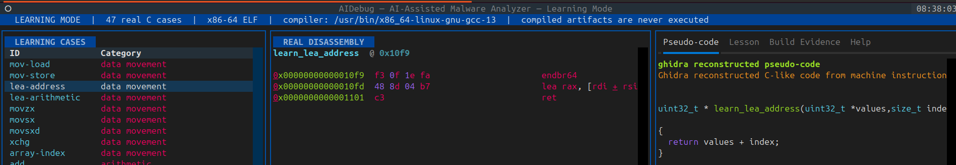 AIDebug LEA case showing address calculation without dereferencing memory