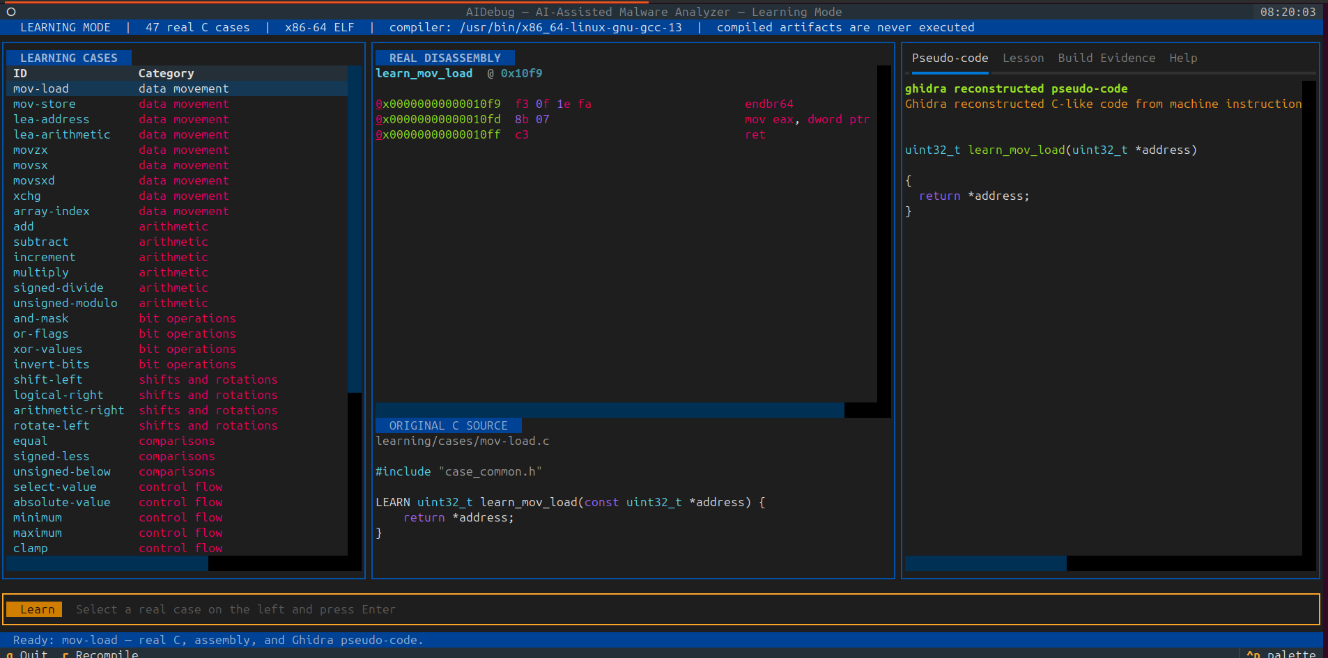 AIDebug selected learning case with real disassembly, original C source, and reconstructed pseudo-code
