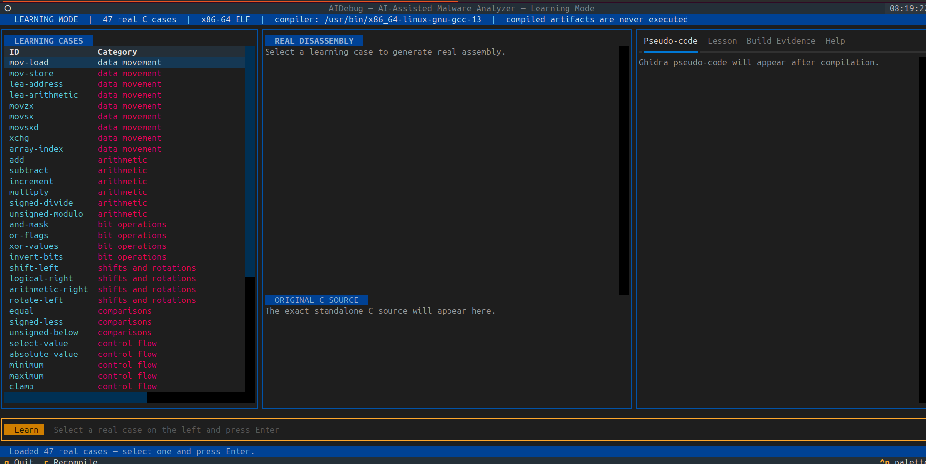 AIDebug Learning Mode catalog showing real C cases for assembly study