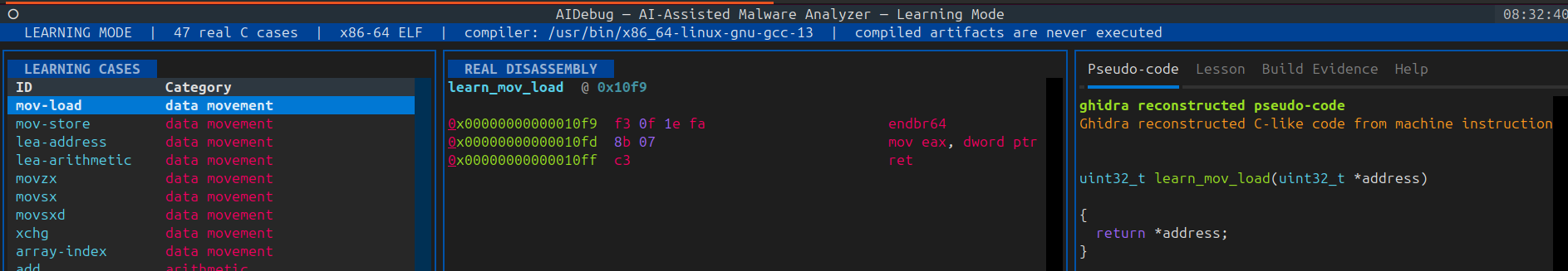 AIDebug MOV load case showing compiler-generated memory-read assembly