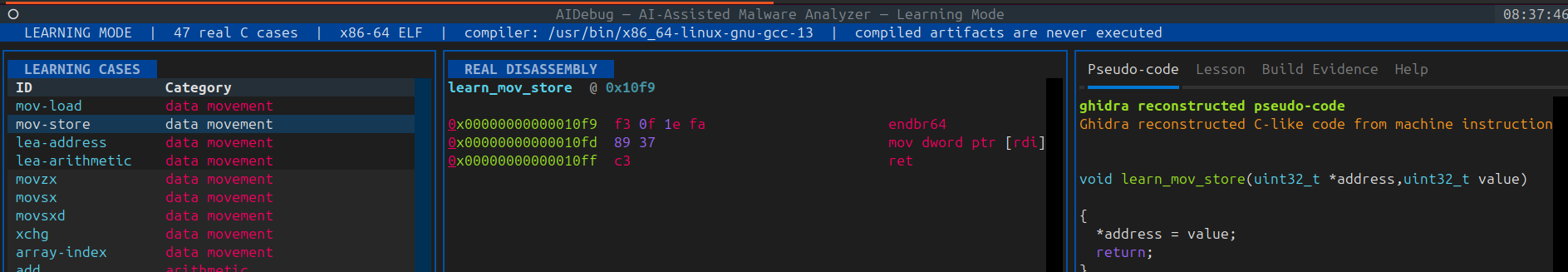 AIDebug MOV store case showing compiler-generated memory-write assembly