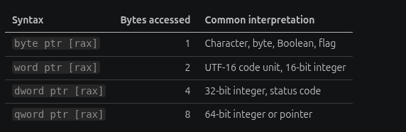 Assembly operand widths from byte through qword and their likely analytical meaning