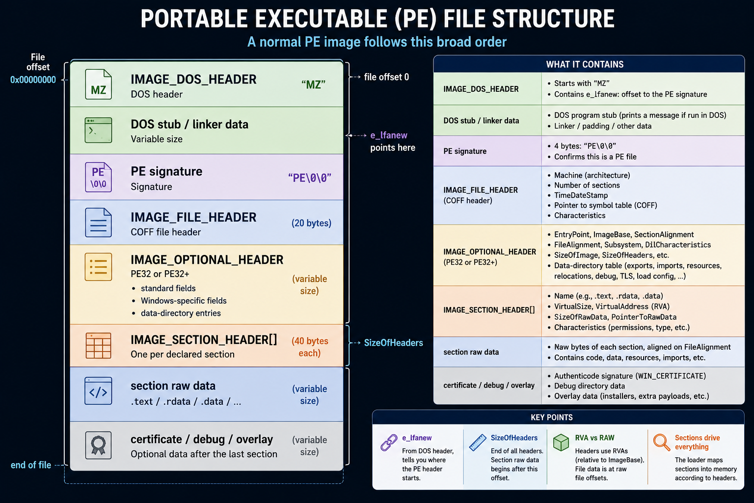 Portable Executable file structure from DOS header through overlay data