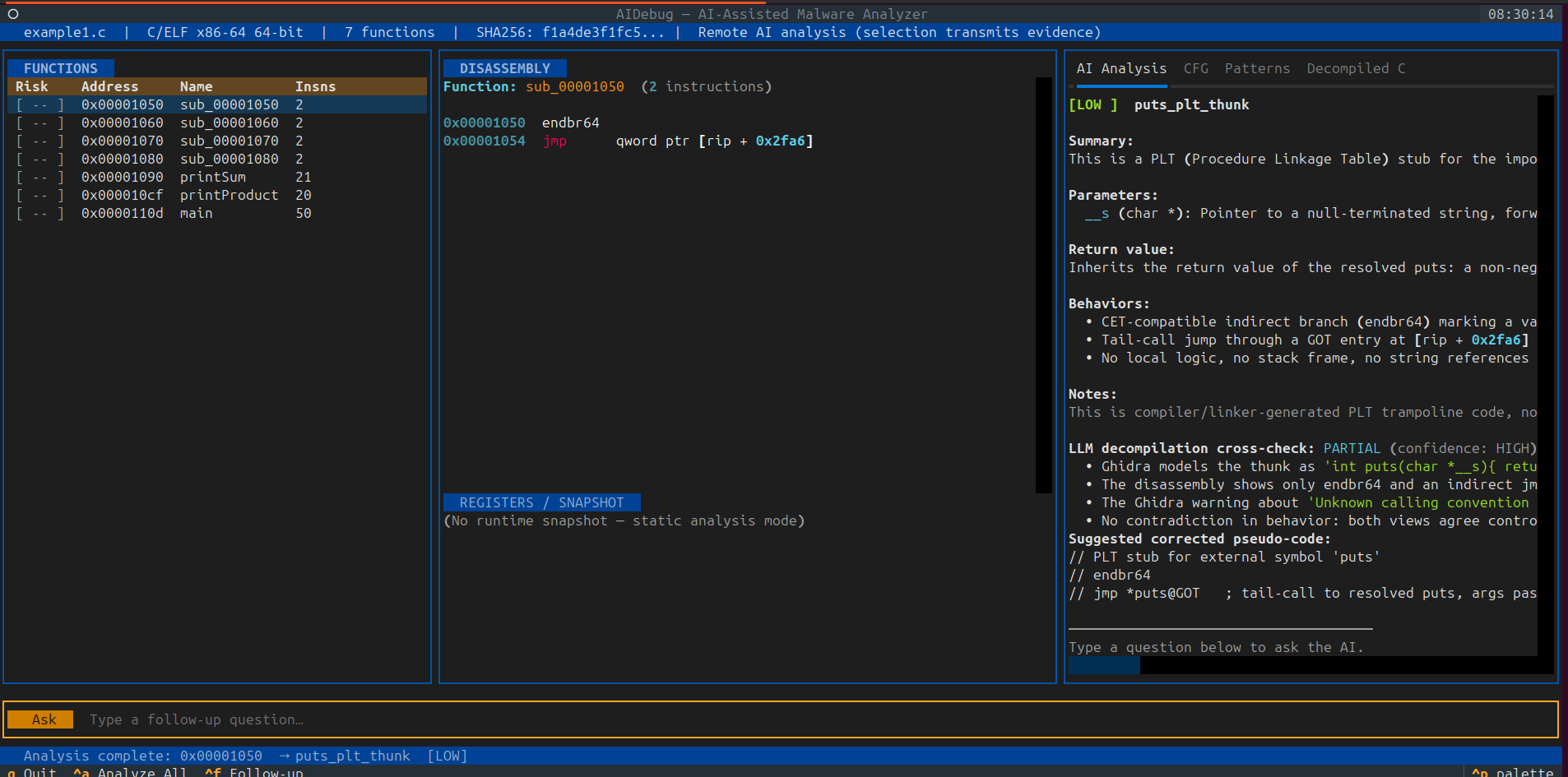 AIDebug source-analysis workflow compiling a safe C example into an analysis artifact