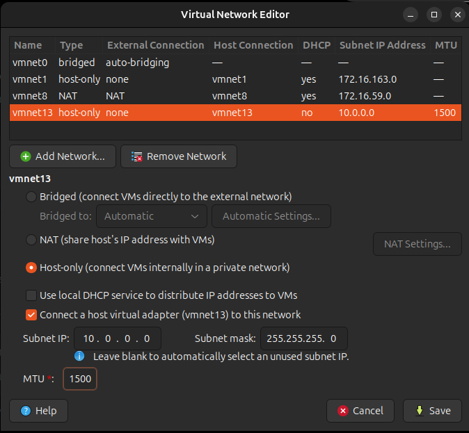 VMware Workstation virtual network configuration for the isolated LABNET segment