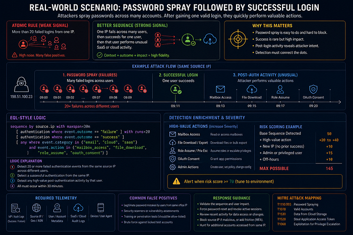 Password spray followed by successful login sequence