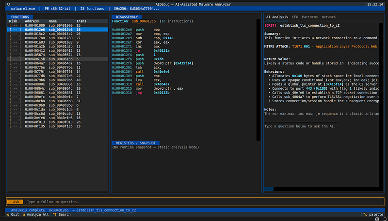 AIDebug terminal user interface showing analysis panels