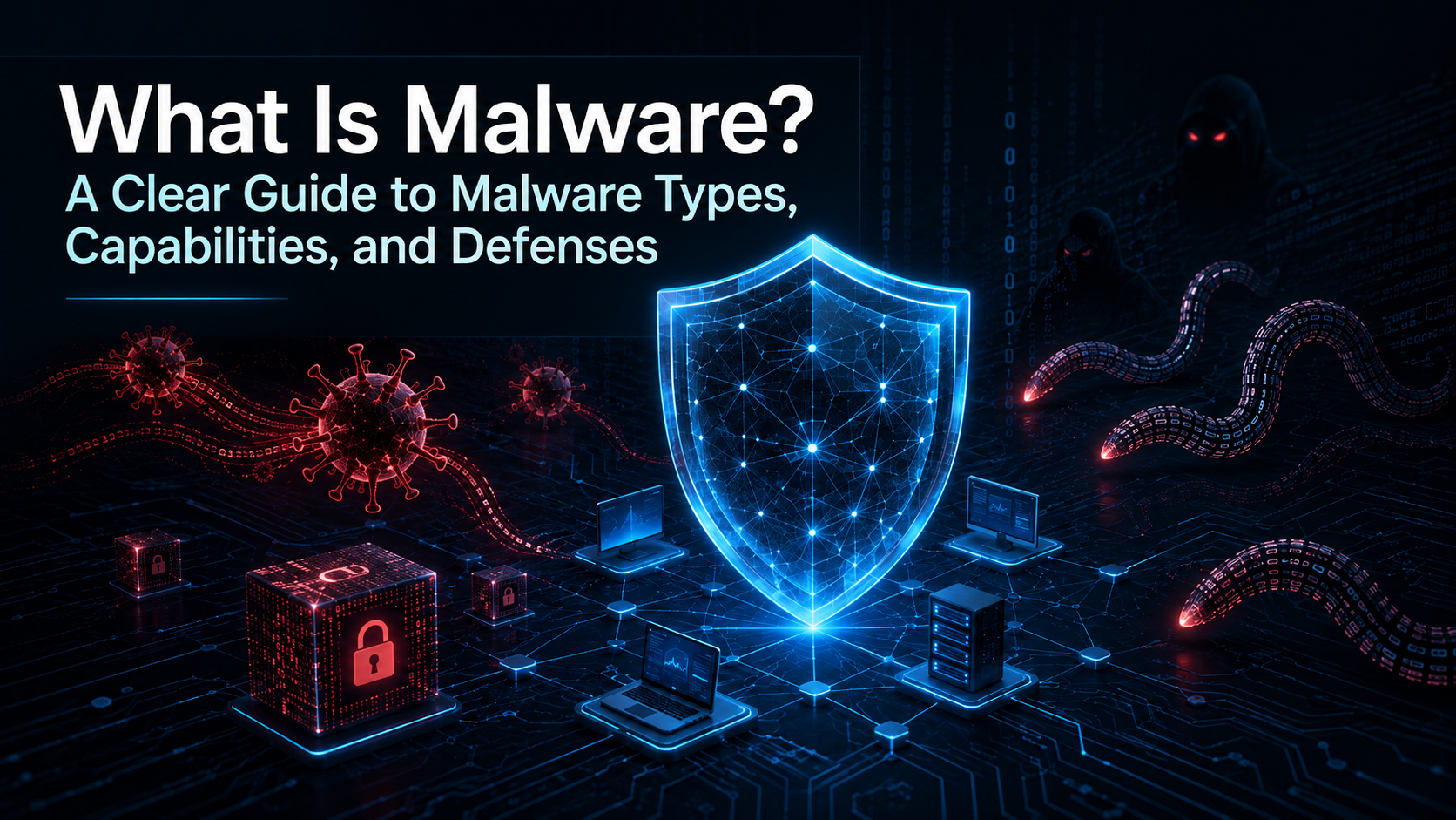 What Is Malware guide cover showing malicious code approaching a protected network