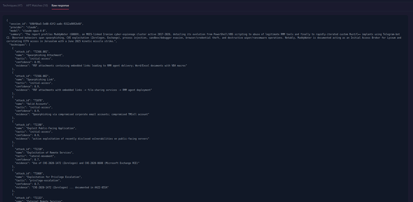 Raw Response tab — full LLM JSON output for inspection and debugging